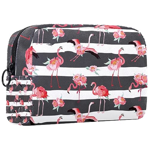 Kleine Schminktasche für Damen,Schminktasche, Reisekosmetiktasche,Flamingoblumen mit grauen Streifen Drucken von suojapuku