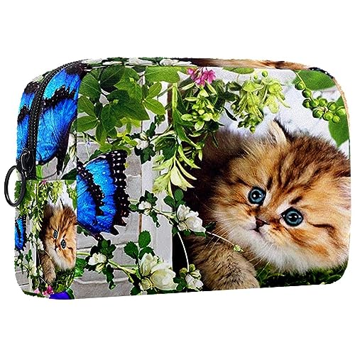 Kleine Schminktasche für Damen,Schminktasche, Reisekosmetiktasche,Katzen- und Schmetterlingsgarten Drucken von suojapuku