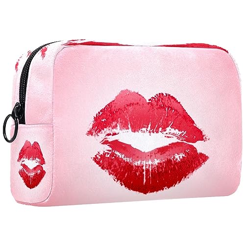 Kleine Schminktasche für Damen,Schminktasche, Reisekosmetiktasche,Kuss mit rotem Lippenstift Drucken von suojapuku