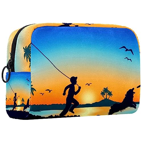 Kleine Schminktasche für Damen,Schminktasche, Reisekosmetiktasche,Mann und Hund Strand Sonnenuntergang Drucken von suojapuku