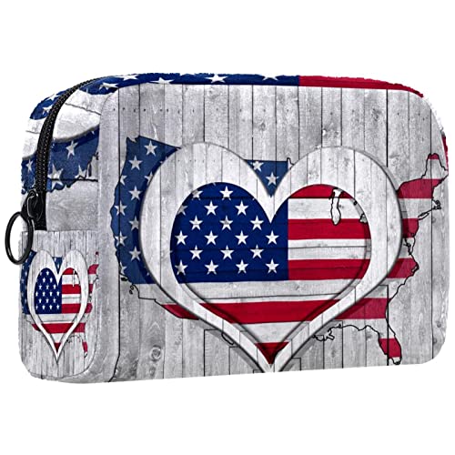 Kosmetiktasche,tragbare Reise-Make-up-Tasche für Damen,Amerikanische Flaggenkarte, Holzherz,Kosmetikkoffer-Organizer mit Reißverschluss von suojapuku