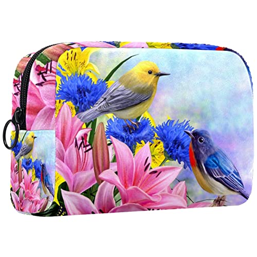 Kosmetiktasche,tragbare Reise-Make-up-Tasche für Damen,Aquarellblumen und Vogel,Kosmetikkoffer-Organizer mit Reißverschluss von suojapuku