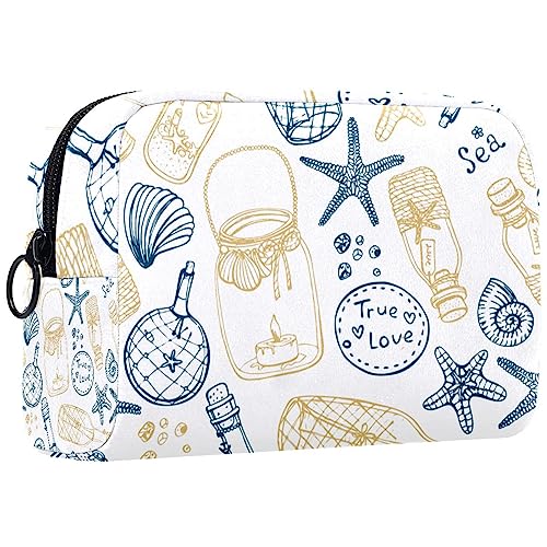 Kosmetiktasche,tragbare Reise-Make-up-Tasche für Damen,Muscheln Ozean Flasche Seestern,Kosmetikkoffer-Organizer mit Reißverschluss von suojapuku