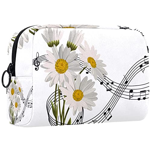 Kosmetiktasche,tragbare Reise-Make-up-Tasche für Damen,Musiknoten Gänseblümchen weiß,Kosmetikkoffer-Organizer mit Reißverschluss von suojapuku