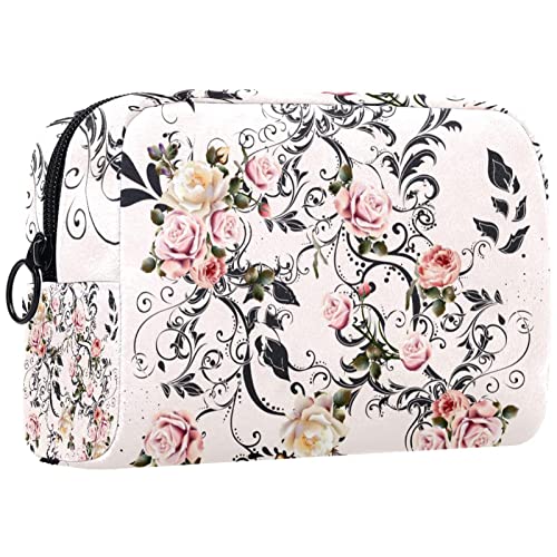 Kosmetiktasche,tragbare Reise-Make-up-Tasche für Damen,Vintage-Blumenpflanze,Kosmetikkoffer-Organizer mit Reißverschluss von suojapuku