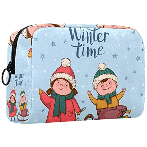 Kosmetiktasche,tragbare Reise-Make-up-Tasche für Damen,Winterschnee Mädchen Junge,Kosmetikkoffer-Organizer mit Reißverschluss von suojapuku