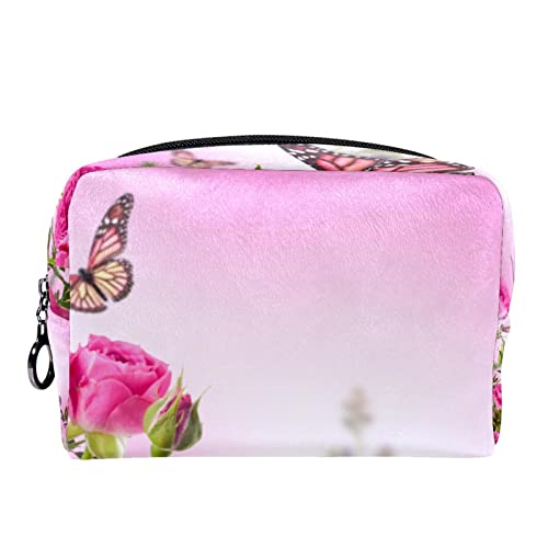 Kosmetiktasche für Frauen,kleine Make-up-Tasche für Geldbörse,blühende Rosen mit Schmetterling,Reisekosmetiktasche,Make-up-Tasche von suojapuku