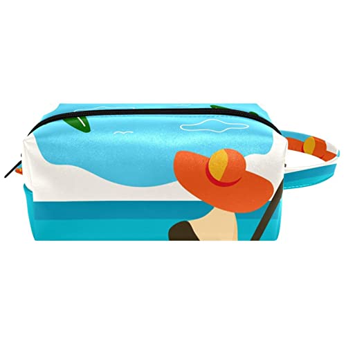 Make-up-Tasche für Frauen,Leder-Kosmetiktasche,Reise-Make-up-Tasche,Cartoon-Mädchen-Strand-Meer Drucken von suojapuku