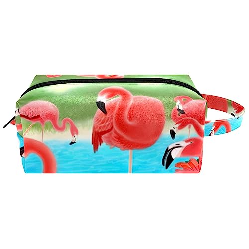 Make-up-Tasche für Frauen,Leder-Kosmetiktasche,Reise-Make-up-Tasche,Cartoon Tropische Flamingos Drucken von suojapuku