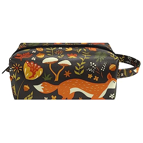 Make-up-Tasche für Frauen,Leder-Kosmetiktasche,Reise-Make-up-Tasche,Herbstblätter Blumenfuchs Drucken von suojapuku