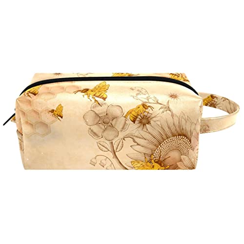 Make-up-Tasche für Frauen,Leder-Kosmetiktasche,Reise-Make-up-Tasche,Honigbienen Blumen Retro Drucken von suojapuku