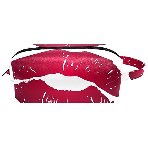 Make-up-Tasche für Frauen,Leder-Kosmetiktasche,Reise-Make-up-Tasche,Kuss roten Lippenstift Drucken von suojapuku