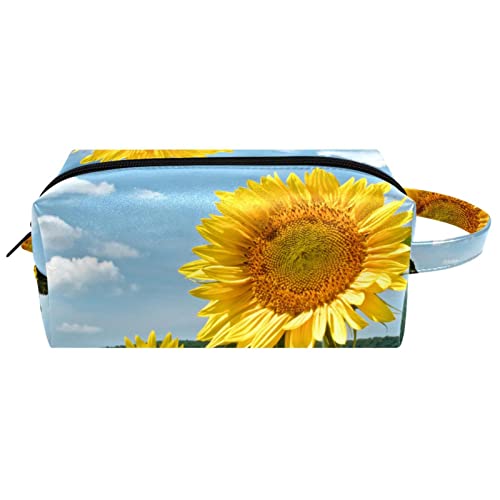 Make-up-Tasche für Frauen,Leder-Kosmetiktasche,Reise-Make-up-Tasche,Sonnenblumenfeld Drucken von suojapuku