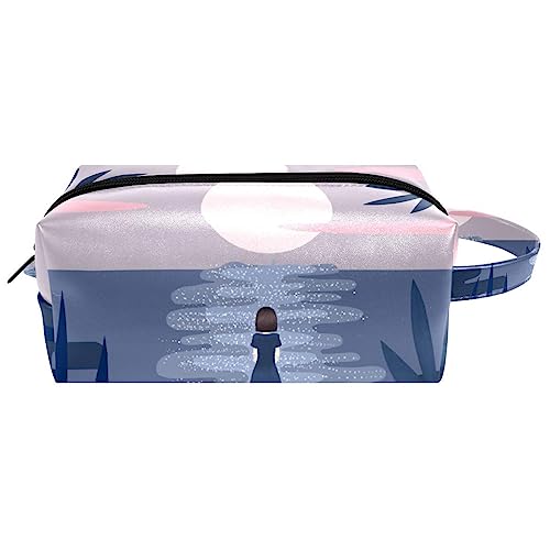 Reise-Kosmetiktasche PU-Leder,Tropischer Strand bei Sonnenuntergang für Mädchen und Katzen,Kosmetiktaschen-Organizer,wasserdichte Make-up-Tasche für Damen von suojapuku