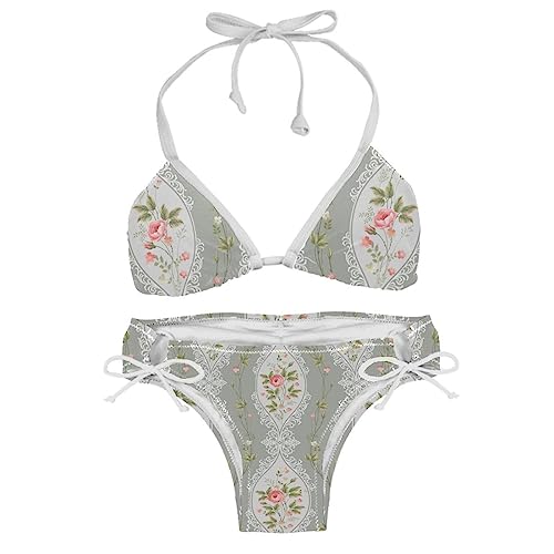 suojapuku Damen Triangel Bikini Badeanzug,Grauer Hintergrund rosa Blume,Badeanzug-Set mit Raffhalter von suojapuku