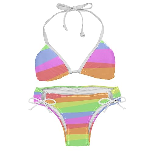 suojapuku Damen Triangel Bikini Badeanzug,Moderner Streifen-Regenbogen,Badeanzug-Set mit Raffhalter von suojapuku