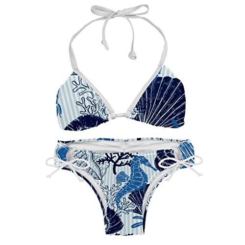 suojapuku Damen Triangel Bikini Badeanzug,Muschelmuster Seepferdchen Muschel,Badeanzug-Set mit Raffhalter von suojapuku