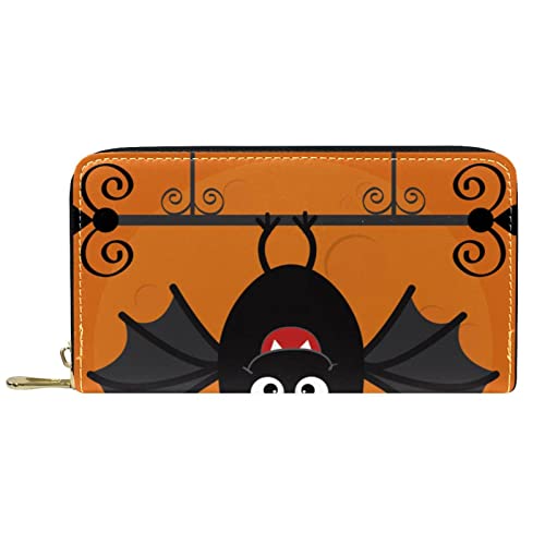 suojapuku Echtes Leder-Portemonnaie für Männer, große Damen-Geldbörse für Karten,Cartoon-Halloween-Fledermaus,Münzbeutel mit Reißverschluss von suojapuku