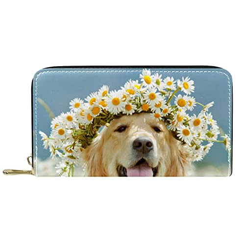 suojapuku Echtes Leder-Portemonnaie für Männer, große Damen-Geldbörse für Karten,Daisy Dog Golden Retriever,Münzbeutel mit Reißverschluss von suojapuku