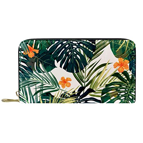 suojapuku Echtes Leder-Portemonnaie für Männer, große Damen-Geldbörse für Karten,Tropische Blätter blühen,Münzbeutel mit Reißverschluss von suojapuku