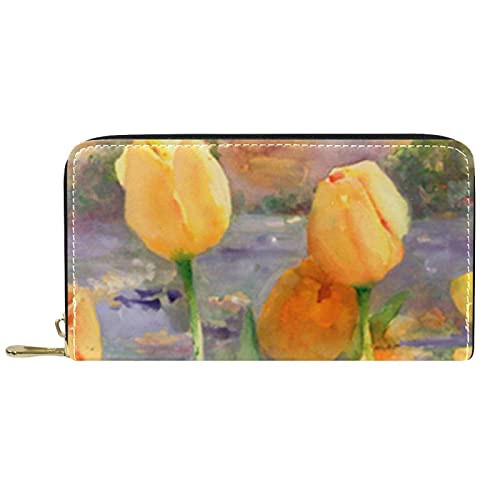 suojapuku Echtes Leder-Portemonnaie für Männer, große Damen-Geldbörse für Karten,Tulpen-Aquarell-Blume,Münzbeutel mit Reißverschluss von suojapuku