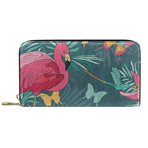 suojapuku Echtes Leder-Portemonnaie für Männer, große Damen-Geldbörse für Karten,tropischer Schmetterlings-Flamingo-Tukan,Münzbeutel mit Reißverschluss von suojapuku
