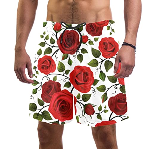 suojapuku Herren Shorts,Herren-Badehose,schnell trocknende Badehose,rotes Rosenmuster,Herren Shorts mit Mesh-Futter von suojapuku