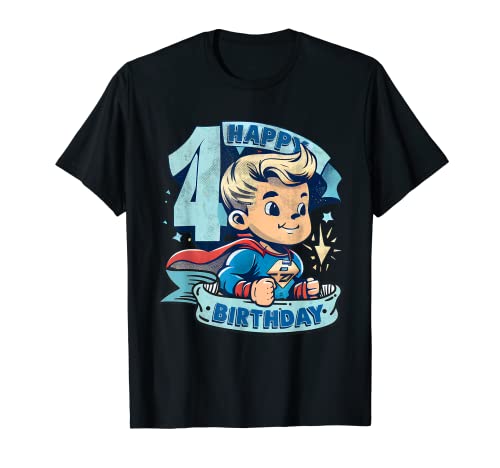 Super Happy Boy Superheld 4. Geburtstag T-Shirt von super awesome birthday scoops