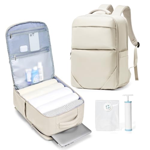 suradar Ryanair Handgepäck 40x20x25 mit Vakuumbeutel für Kleidung Reise, Vakuum Rucksack Handgepäck Vacpack, Vakuum Reiserucksack Klein Vacuum Bags for Clothing mit Handpumpe Herren Damen Beige von suradar