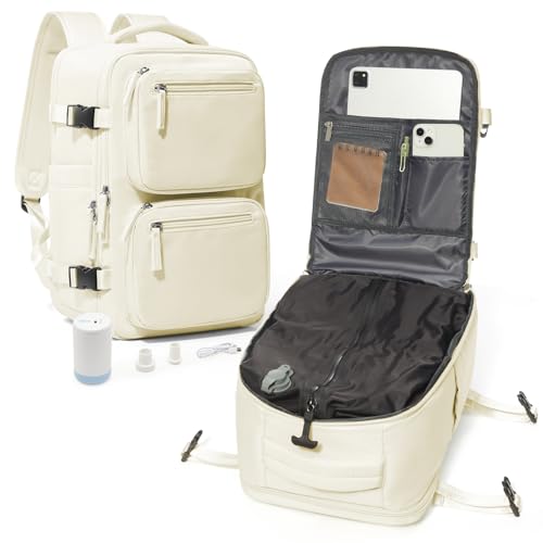 suradar Vakuum Rucksack Handgepäck Vacpack, Ryanair Handgepäck 40x20x25 Vakuum Backpack Travel Airbag Rucksack mit Vakuumsystem, Vacuum Backpack mit Luftpumpe für Flugzeug Herren Damen Beige von suradar