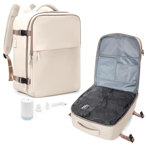 suradar Vakuum Rucksack Handgepäck, für Easyjet Handgepäck 45x36x20 Damen Reiserucksack Flugzeuge Vacpack Rucksack mit Vakuumsystem für Reisen, Vacuum Backpack mit Luftpumpe Beige mit Braun von suradar