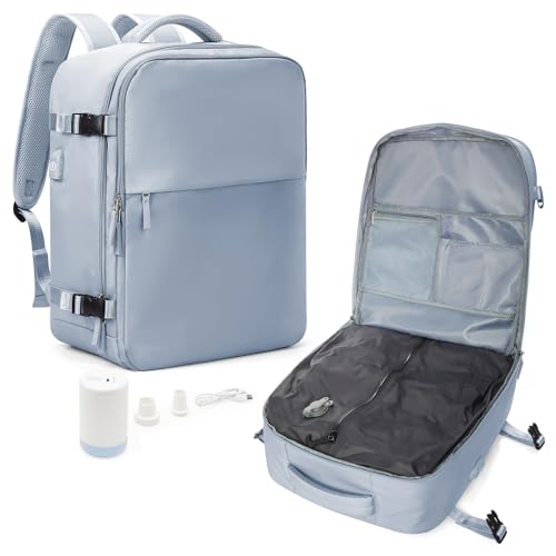 suradar Vakuum Rucksack Handgepäck, für Easyjet Handgepäck 45x36x20 Damen Reiserucksack Flugzeuge Vacpack Rucksack mit Vakuumsystem für Reisen, Vacuum Backpack mit Luftpumpe Graublau von suradar