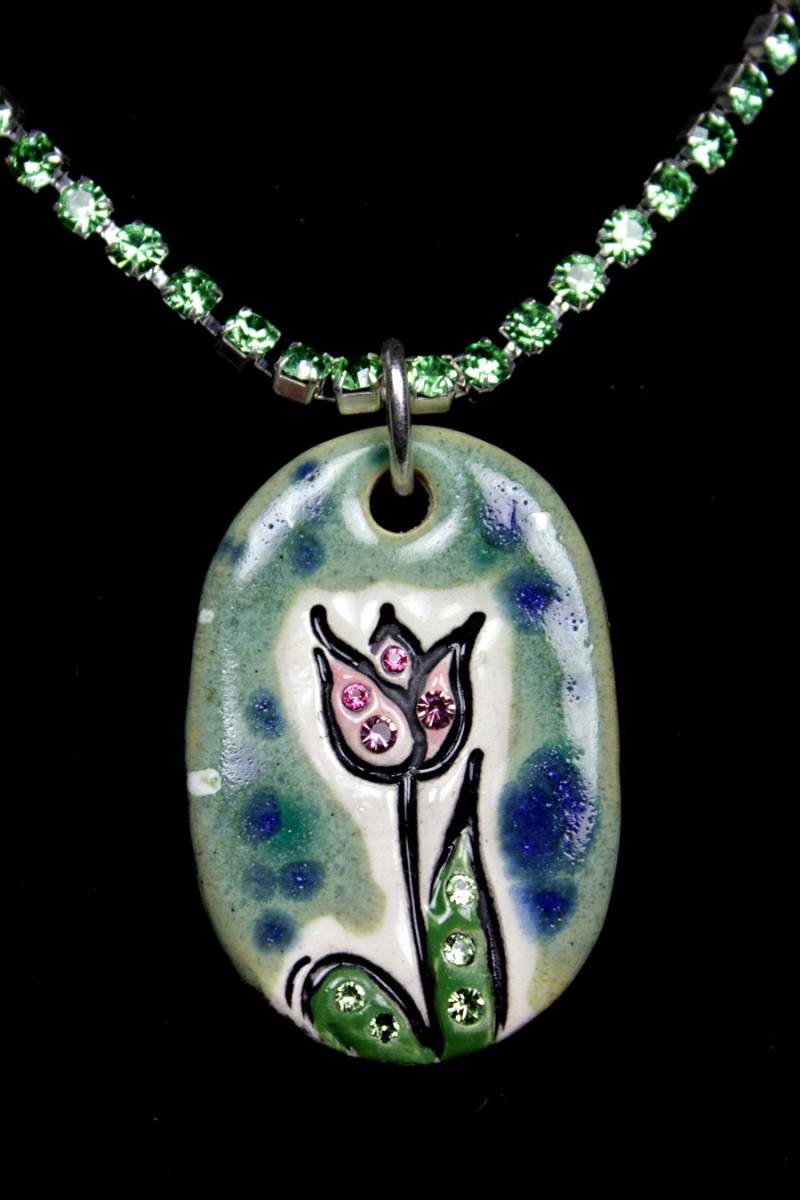 Rosa Und Grüne Tulpen Glitzer Surly Halskette Mit Swarovski Kristallen Strasskette von surly