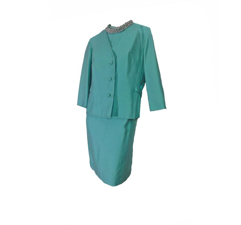 Mod Vintage 1960Er Jahre Etuikleid Und Jacke 2-Teiler Set Perlen Aqua Seide Cocktailanzug Größe Large von susiesboutiquecloths