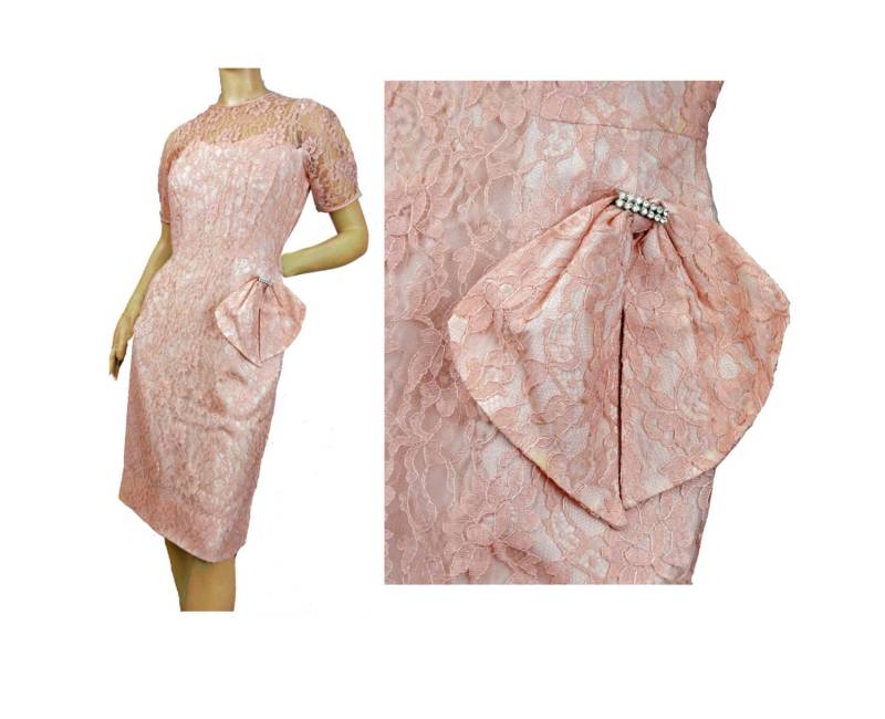 Pinkes Spitzen Etuikleid Partykleid 1950Er Jahre Vintage Abend Cocktailkleid von susiesboutiquecloths