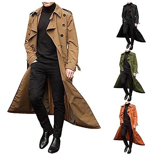 Langer Trenchcoat für Herren, Herbst und Winter, langärmlig, doppelte Knopfleiste, schick, elegant, langer Mantel, Slim Outerwear, einfarbig, Revers, kaki, XXL von sutelang lurryly