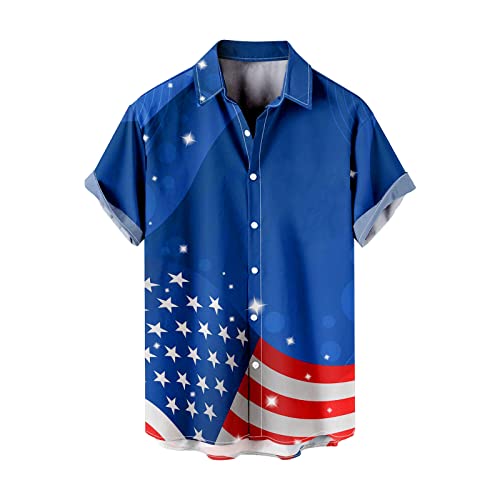 sutelang lurryly Bedrucktes Hemd, USA-Flagge, Herren, kurze Ärmel, Knopf, Revers, Independence, Tag, T-Shirt, Top, leicht und atmungsaktiv, Hawaii, bunt, bedruckt, Strandhemd, Blau #4, S von sutelang lurryly