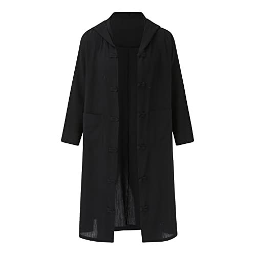 sutelang lurryly Herren Jacke Anzug - Lange Trenchcoat aus Baumwolle und Leinen mit Kapuze für Männer Antiker Leinenmantel lose Retro Japanische Trenchcoats Für Männer Große Größe, Schwarz, XL von sutelang lurryly