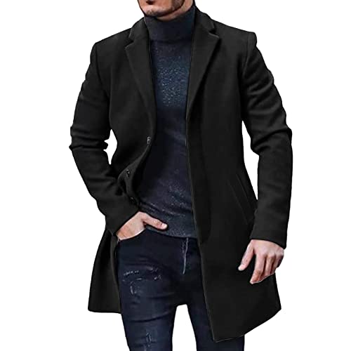 sutelang lurryly Herren-Mantel, Wolle, Winter, warm, Revers, einreihig, Vintage, dicker Trenchcoat, lang, einfarbig, elegant, Slim Fit, Wolljacken, Langarm, Dufflecoat, große Größe, Z#a-le Schwarz, L von sutelang lurryly