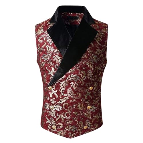 sutelang lurryly Weste, Gothic, ärmellos, Herren, Jacquard, Paisley, Weste, zweireihig, Revers, Velours, Slim Fit, Retro, Kostüm, Blazer, Steampunk-Weste, rot, L von sutelang lurryly