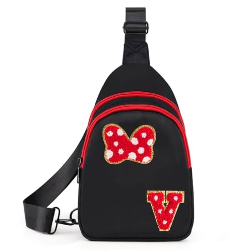 7 8 9 10 11 12 13 14 Jahre altes Mädchen Geschenke Crossbody Bauchtasche Initiale Schleife Maus Park Schultertasche für Teenager Mädchen Frauen, Schwarz, V von sweet lion