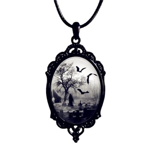 Halskette mit Rabenkreuz-Anhänger aus Glas, Gothic, Vintage, dunkle Krähe, fliegender Vampir, Fledermaus, mystische Hexe, Kamee, oval, schwarzes Lederseil, Choker-Halskette für Männer und Frauen von swglcowo