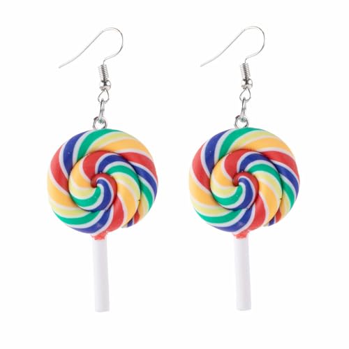 Regenbogen-Lutscher-Ohrringe, handgefertigt, Polymer-Ton, zarte, bunte Süßigkeiten, simulierter Zucker, Eiscreme, Snacks, lustige baumelnde Hängeohrringe für Damen, Weihnachten, Geburtstag, Party von swglcowo