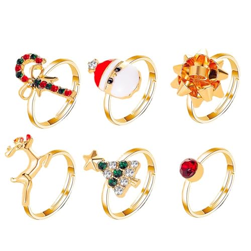 Statement-Ring-Set mit Cartoon-Emaille, Weihnachtsmann, Zuckerstangen, Schleife, Blume, Rentier, Weihnachtsbaum, schicker Kristall, Zirkonia, rot und grün, offen, stapelbar, Ringe für Damen Statement-Ring-Set mit Cartoon-Emaille, Weihnachtsmann, Zuckerstangen, Schleife, Blume, Rentier, Weihnachtsbaum, schicker Kristall, Zirkonia, rot und grün, offen, stapelbar, Ringe für Damen von swglcowo