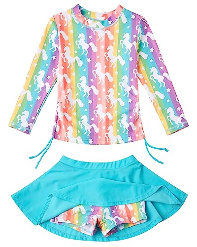 swimsobo Mädchen Rashguard Zweiteiliger Badeanzug Langarm Badeanzug Schwimmrock mit Shorts Bademode 3-12T, Gelb, Blau, 5-6 Jahre von swimsobo
