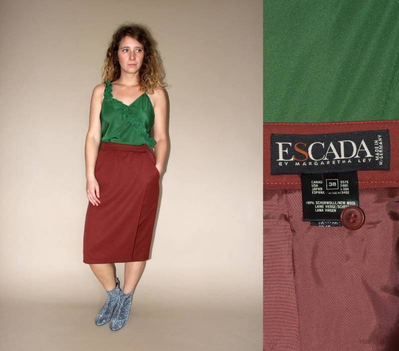 70Er Jahre Vintage Frauen Braun Hohe Taille Bleistift Wickeln Escada Wollrock von swintage