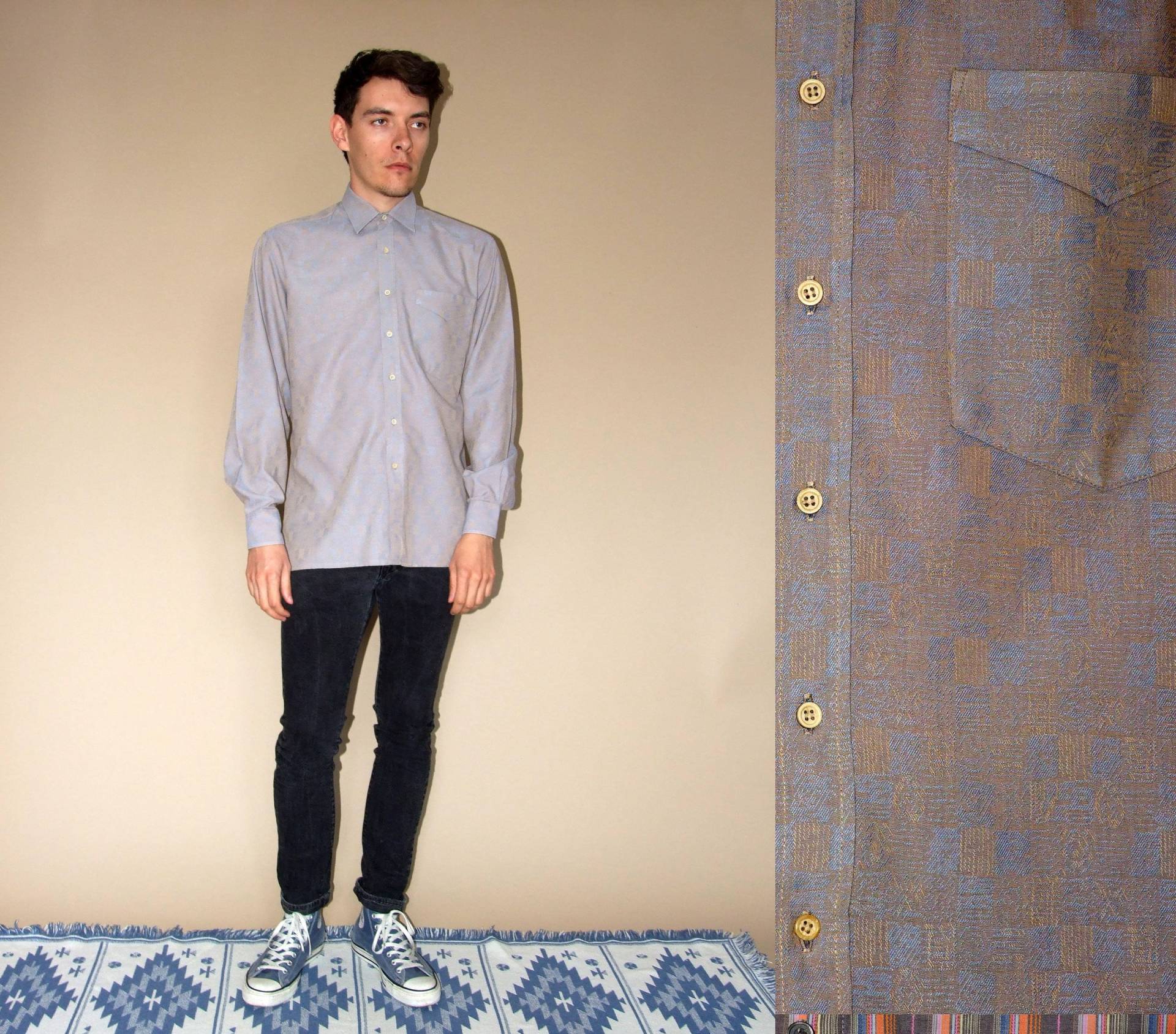 80Er Jahre Vintage Herren Purle-Grau Gemustert Langarm-Shirt von swintage