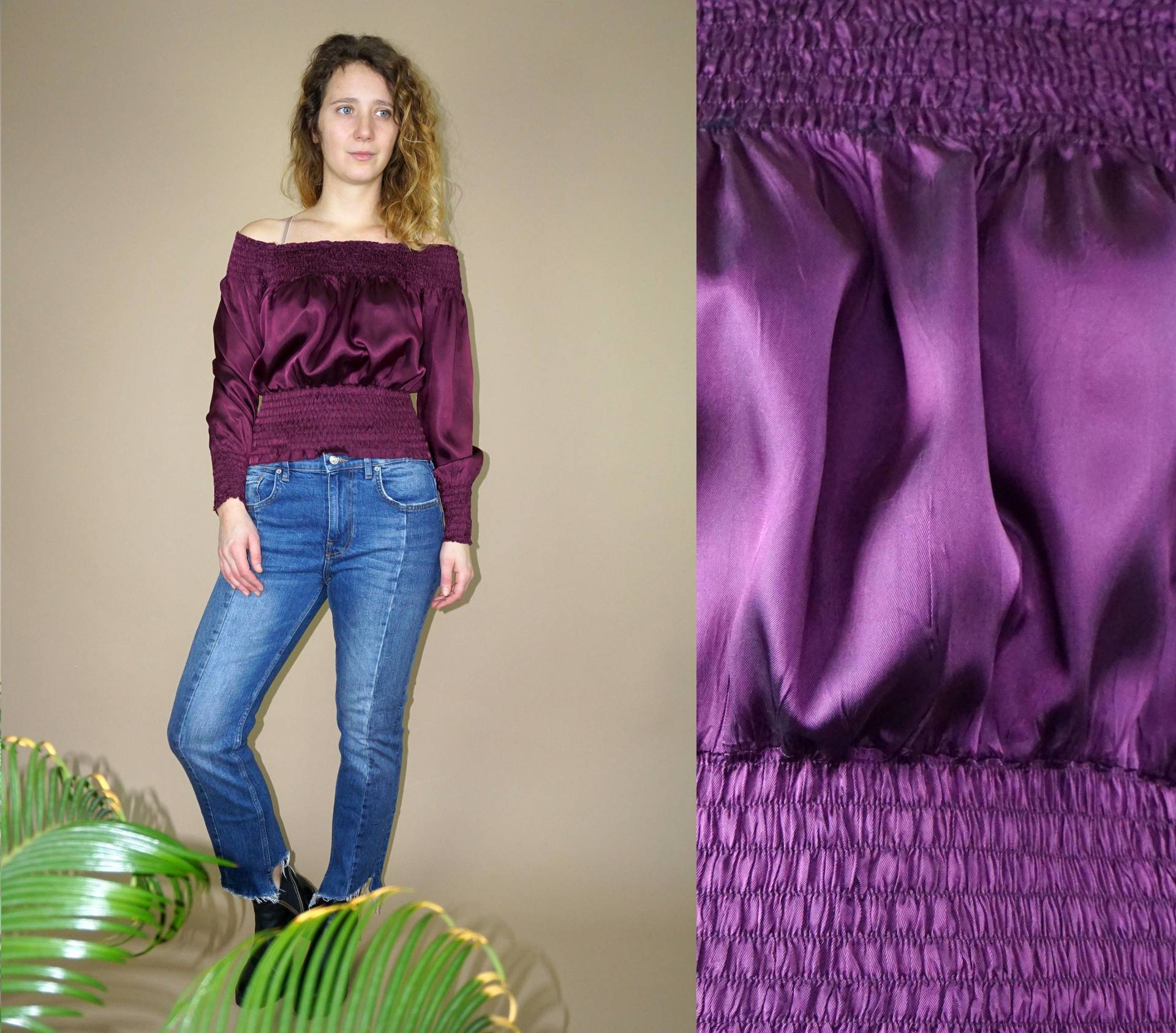 90Er Jahre Vintage Frauen Lila Schulterfreien Gipsy Boho Top Bluse von swintage