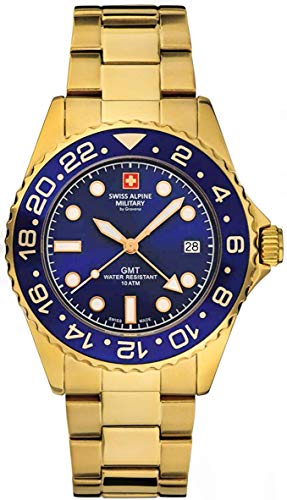 Swiss Alpine Military Herren-Armbanduhr Analog Quarz Edelstahl Gold Schwarz Blau 1115sam Armband 7052, Gold/Schwarz/Blau - 1115sam, Armband von swiss alpine military