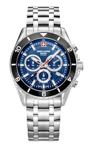 Swiss Alpine Military Herren-Armbanduhr Chronograph Analog Quarz 7034.9 Edelstahl, Stahl/Stahl/Blau-Sw – 9136sam, Armband von swiss alpine military